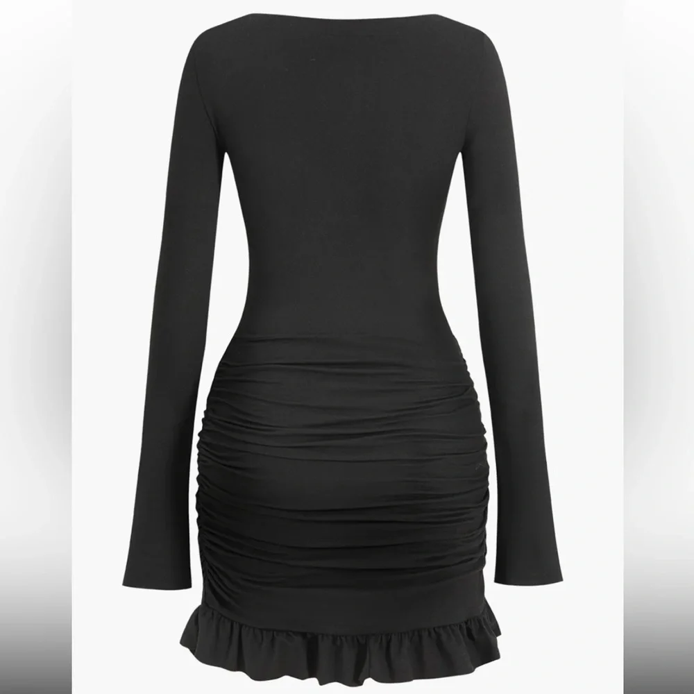 Micas Solid Ruffle Ruched Twist Long Sleeve Mini Dress - Picture 2 of 2